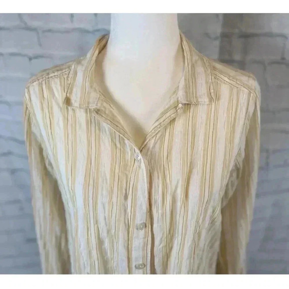 Abercrombie & Fitch Woman’s L Long Sleeve Crinkle Top Yellow White Button shirt - Picture 5 of 14